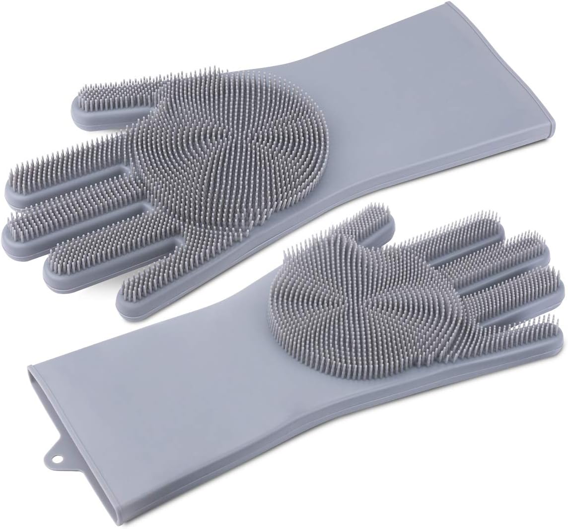 Magic Dishwashing Gloves with Scrubber, Silicone Cleaning Reusable Scrub Gloves for Wash Dish,Kitchen, Bathroom(Gray,1 Pair: Right + Left Hand)