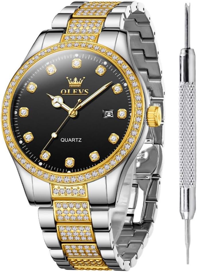 OLEVS Luxury CZ Rhinestone Watches for Men Waterproof Mens Fine Business Casual Watch Calendar Week Analog Quartz Watch