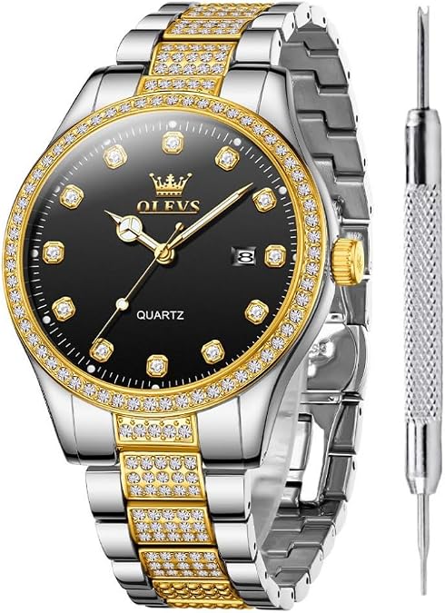 OLEVS Luxury CZ Rhinestone Watches for Men Waterproof Mens Fine Business Casual Watch Calendar Week Analog Quartz Watch