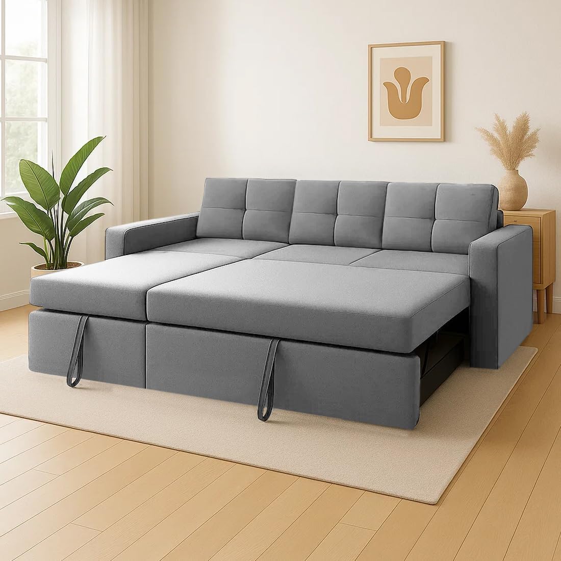 CASASTYLE Seria 4 Seater Fabric LHS L Shape Sofa Set - Pull-Out Premium L Shape Fabric Sofa Cum Bed Set for Living Room (Light Grey)-image-5