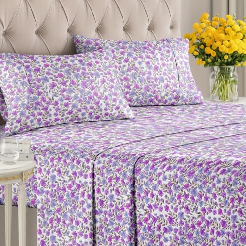Image of Cal King 4 Piece Floral Sheet Set - Breathable & Cooling - Purple Bloom | 1 Flat, 1 Fitted & 2 Pillowcases w / Deep Pockets, Boho Botanical Floral Bedding, Breathable & Cooling, Wrinkle & Fade Free