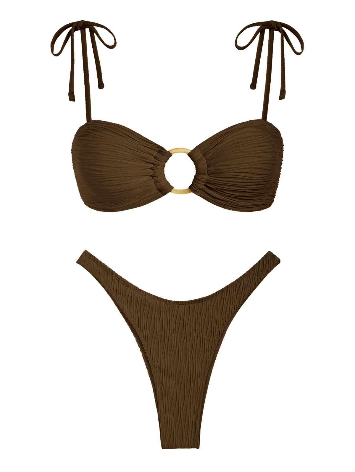 ZAFUL Womens Sexy Tie Spaghetti Strap Bikini Textured O Ring Ruched High Leg Swimsuit Cheeky Bathing Suits