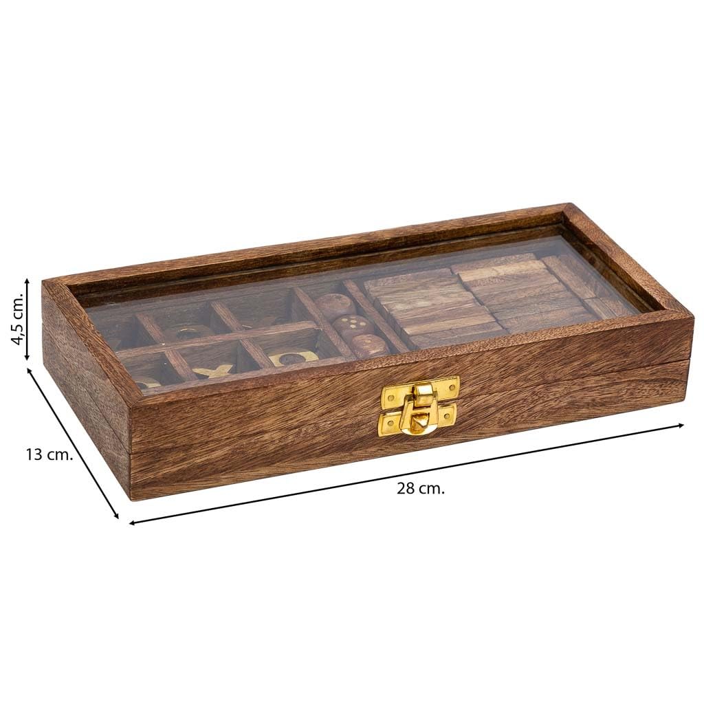 Juego 3/1 (Dominó+dados+3 en línea) en caja de madera marrón 28x13x4.5