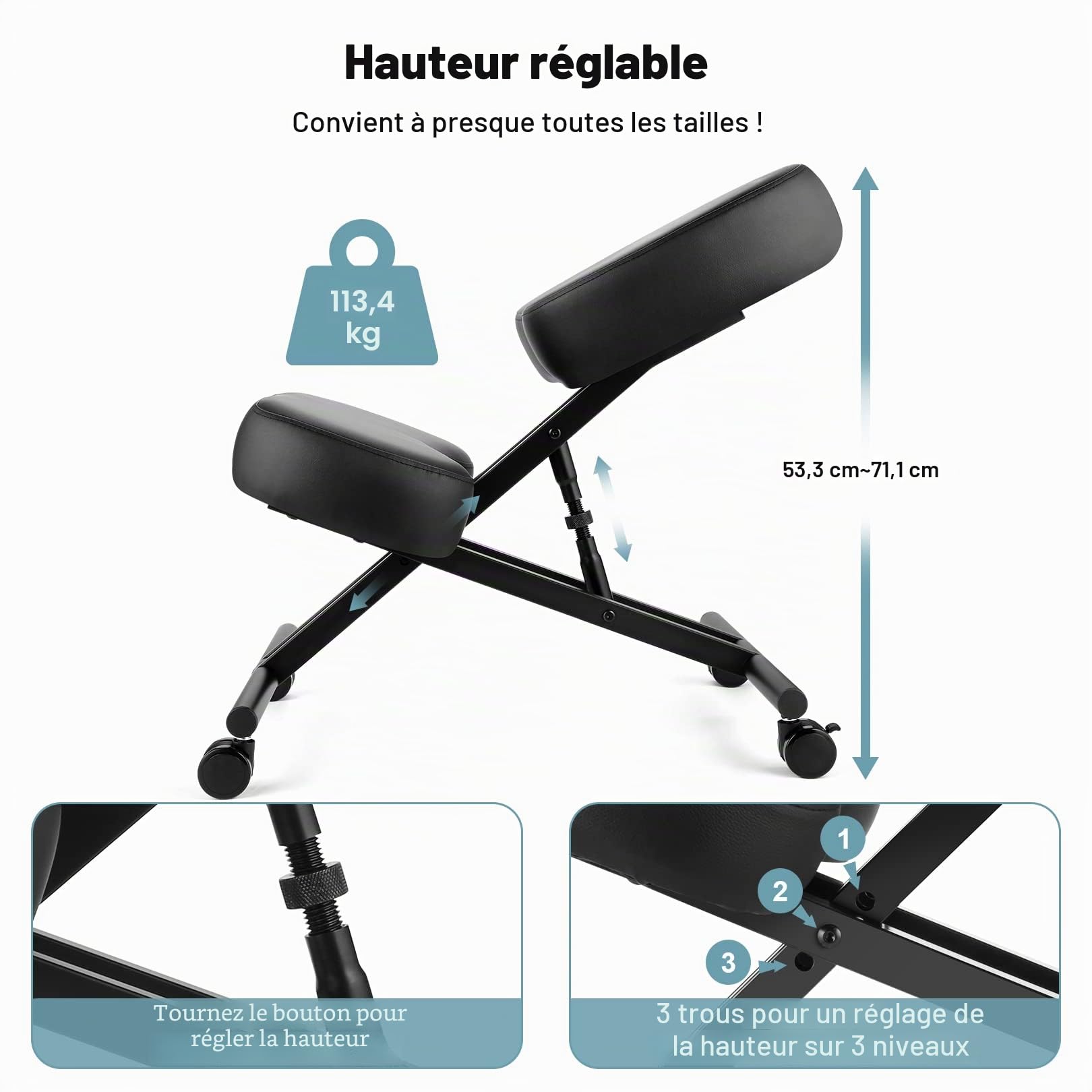 Chaise à Genoux de Bureau Ergonomique, Tabouret Genoux pour la Maison et Le Bureau, Chaise pour Ordinateur avec roulettes, Réglable Hauteur, Structure de Métal, Faux Cuir, Rembourrée