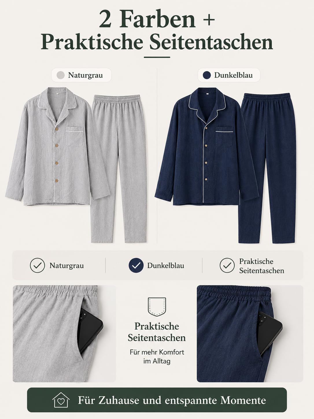 RAKUYUME Herren Schlafanzug Set aus Reinem Leinen, Langarm Pyjama mit Knopfleiste und Reverskragen, Grau, Atmungsaktiv, Elastischer Bund, Frühling Herbst (DE/NL/SE/PL, Alphanumerisch, M, Dunkelblau)