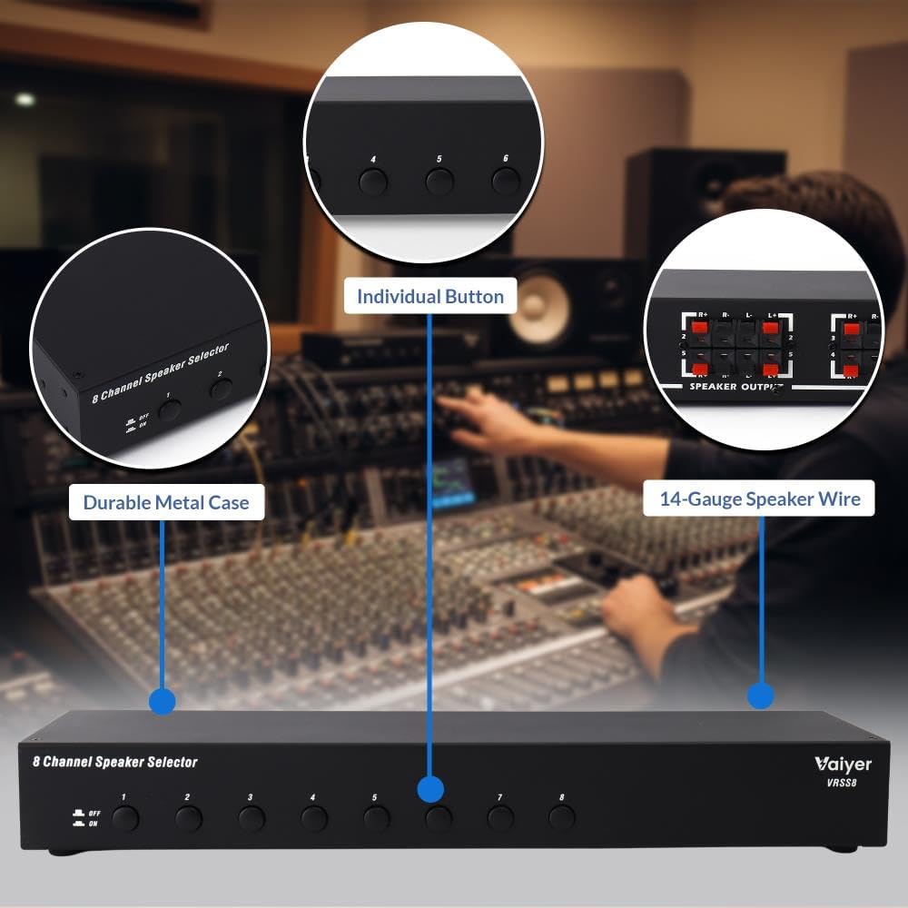 Vaiyer 8-Channel Speaker Selector Switch Box – 1200W Max Multi-Room Speaker Distribution Hub with Impedance Protection – Control Up to 8 Pairs of Speakers with One Amplifier