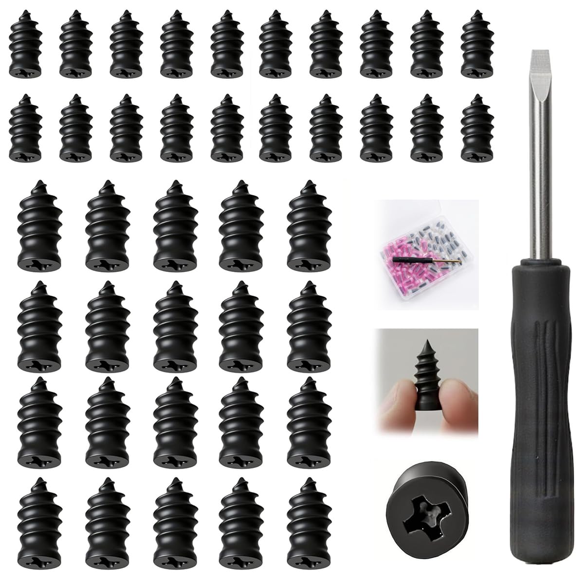 Kit de 40 Clavos para Reparación de Neumáticos (20 Grandes y 20 Pequeños) con Destornillador - Tornillos de Goma para Reparar Pinchazos en Ruedas de Coche y Moto - Sin Desmontar la Rueda