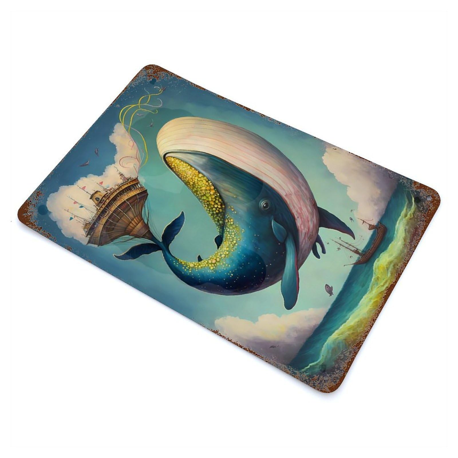 Rustic Tin Plaque Whale Incredible 11.8"x7.9", Rustic Home Decor for Office, Studio And Wall Decor