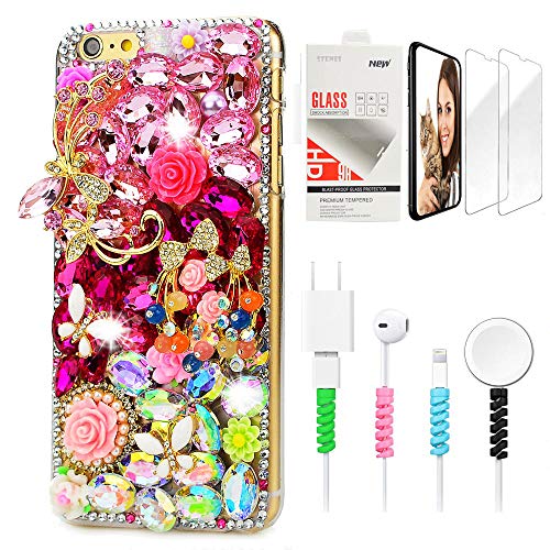 STENES Sparkle Case Compatible with Moto G7 / Moto G7 Plus - Stylish - 3D Handmade Bling Butterfly Bowknot Rose Flowers Design Cover with Screen Protector & Cable Protector - Colorful