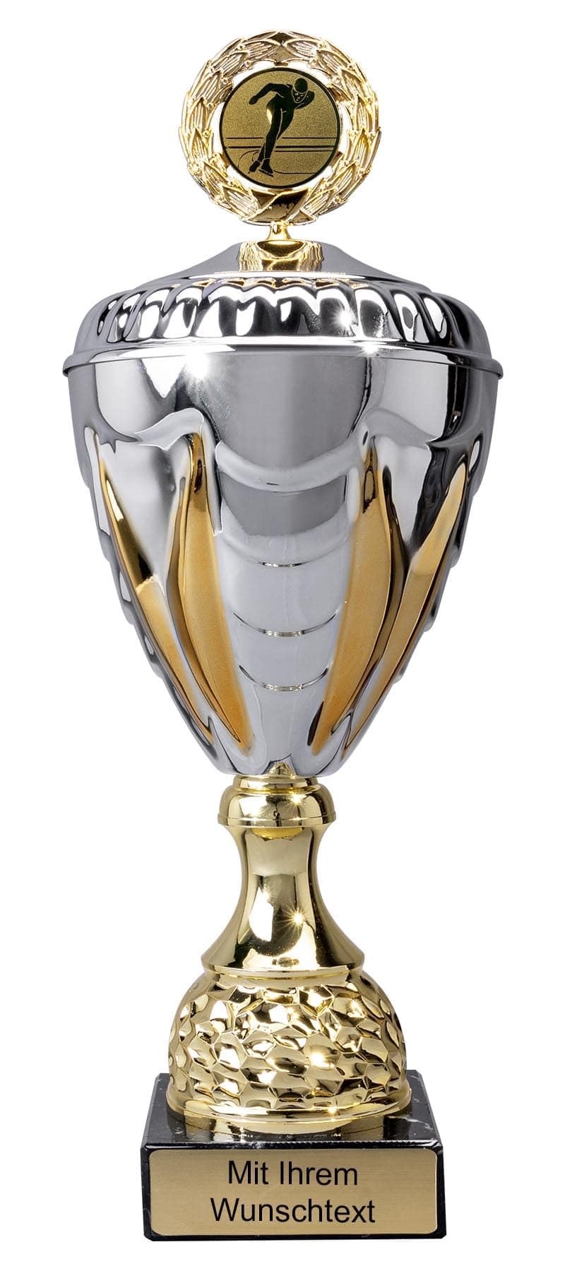Pokal Gold/Silber mit Deckel, Gravur und Emblemauswahl – Sportpokal 27,5–50,8 cm auf schwarzem Marmorsockel, Siegerpokal für Turniere und Ehrungen | 27,5–50,8 cm hoch | Hochwertige Ausführung | Für Turniere, Wettkämpfe & Ehrungen oder als Geschenkidee | W