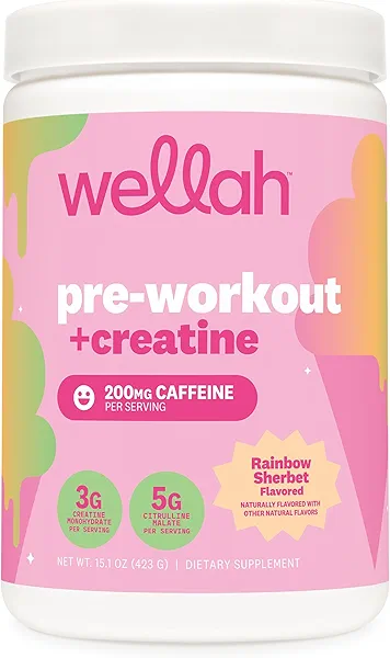 Wellah Pre-Workout + Creatine Powder (30 Servings) Rainbow Sherbert - 200mg Caffeine, 3g Creatine Monohydrate, 5g Citrulline Malate, Pre-Workout with Creatine Supplement