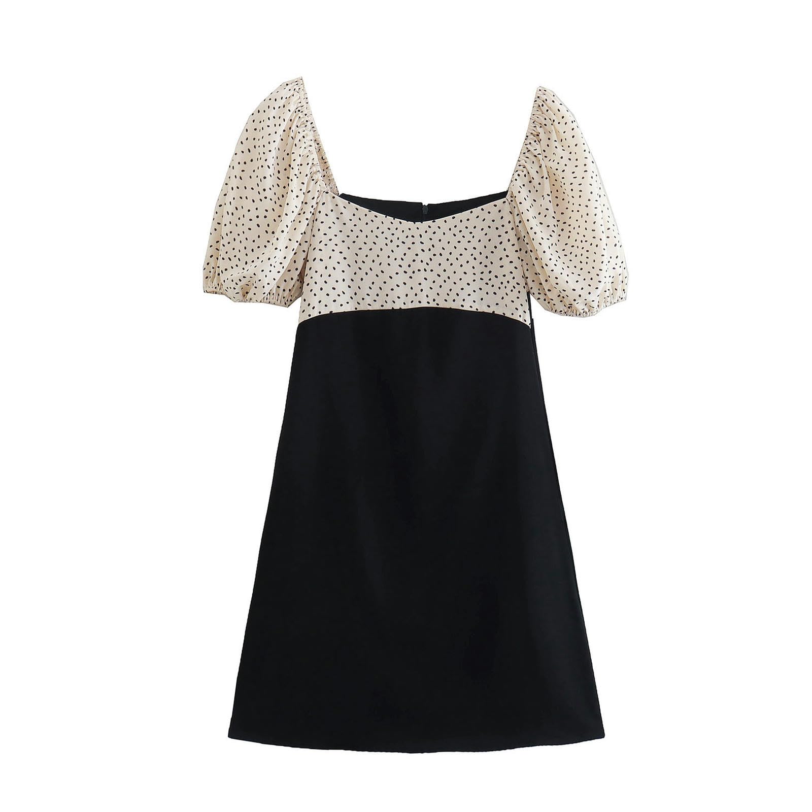 Robe courte d'été à pois femmes col carré manches bouffantes noir L