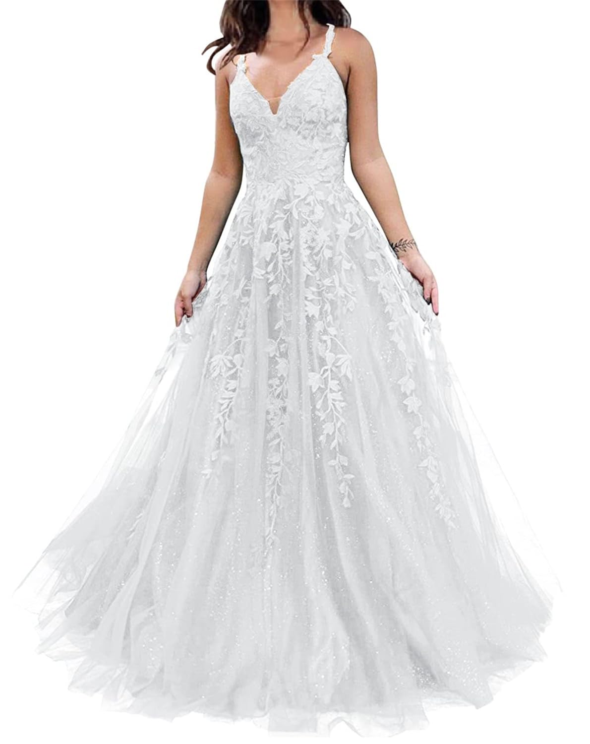 KIYNE Spaghetti Strap V Neck Tulle Prom Dresses Long Graduation Party Gown with Lace Applique Formal Evening Dress White UK22