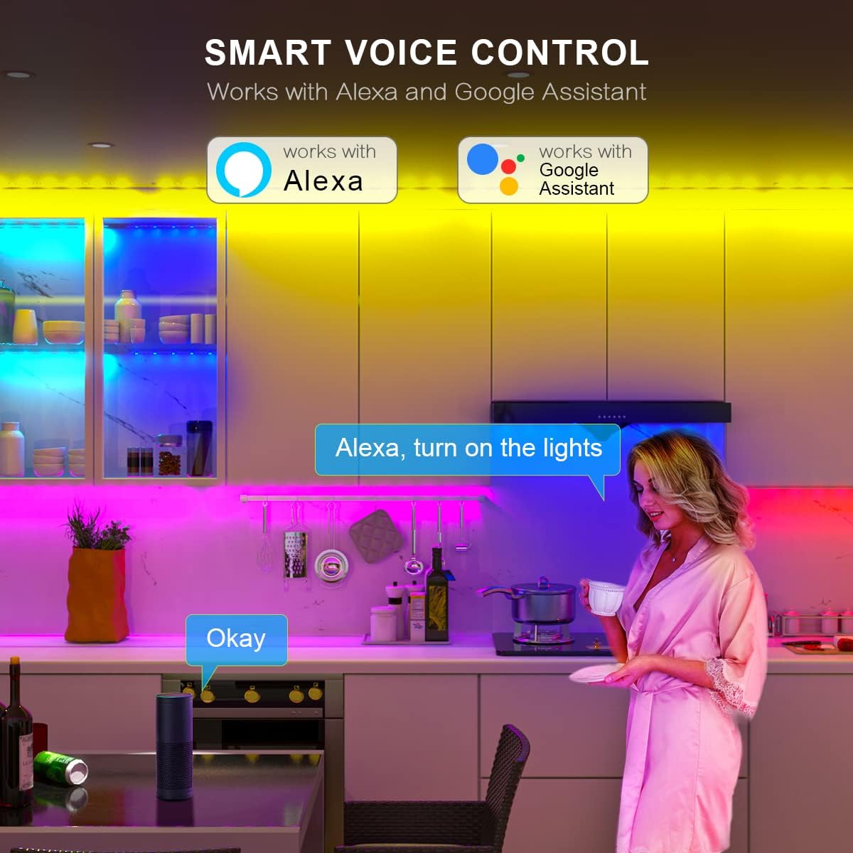 6 PCS WIFI RGBCW Under Cabinet Lights Kit,Work with Alexa,Google Assistant,App and IR Remote,Music Sync Color Changing LED Light Strip with ETL Listed Power Supply for Kitchen Cabinet Counter TV,9.8ft