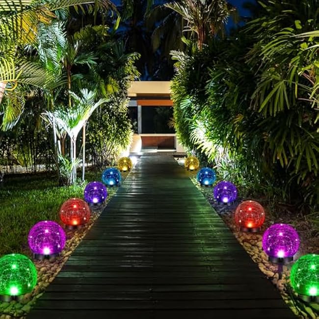 6pc Extra Large Solar Globes Outdoor Cracked Glass Ball Crstl Multi-Color Pre Lit Glob Light Waterproof Yard Lawn Garden Decor (4.72)