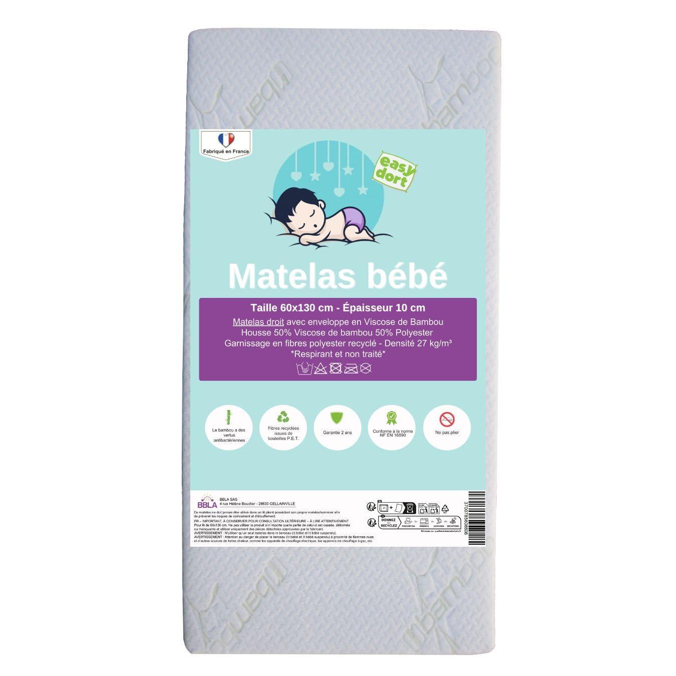 Easy Dort Materac dziecięcy 60x130 cm | Kołyska lub łóżeczko dziecięce | Wyprodukowano we Francji | Antybakteryjny | Lato i Zima | Dwustronny | Bardzo wygodny | Bambusowy Pokrowiec | Oeko tex® | Biały