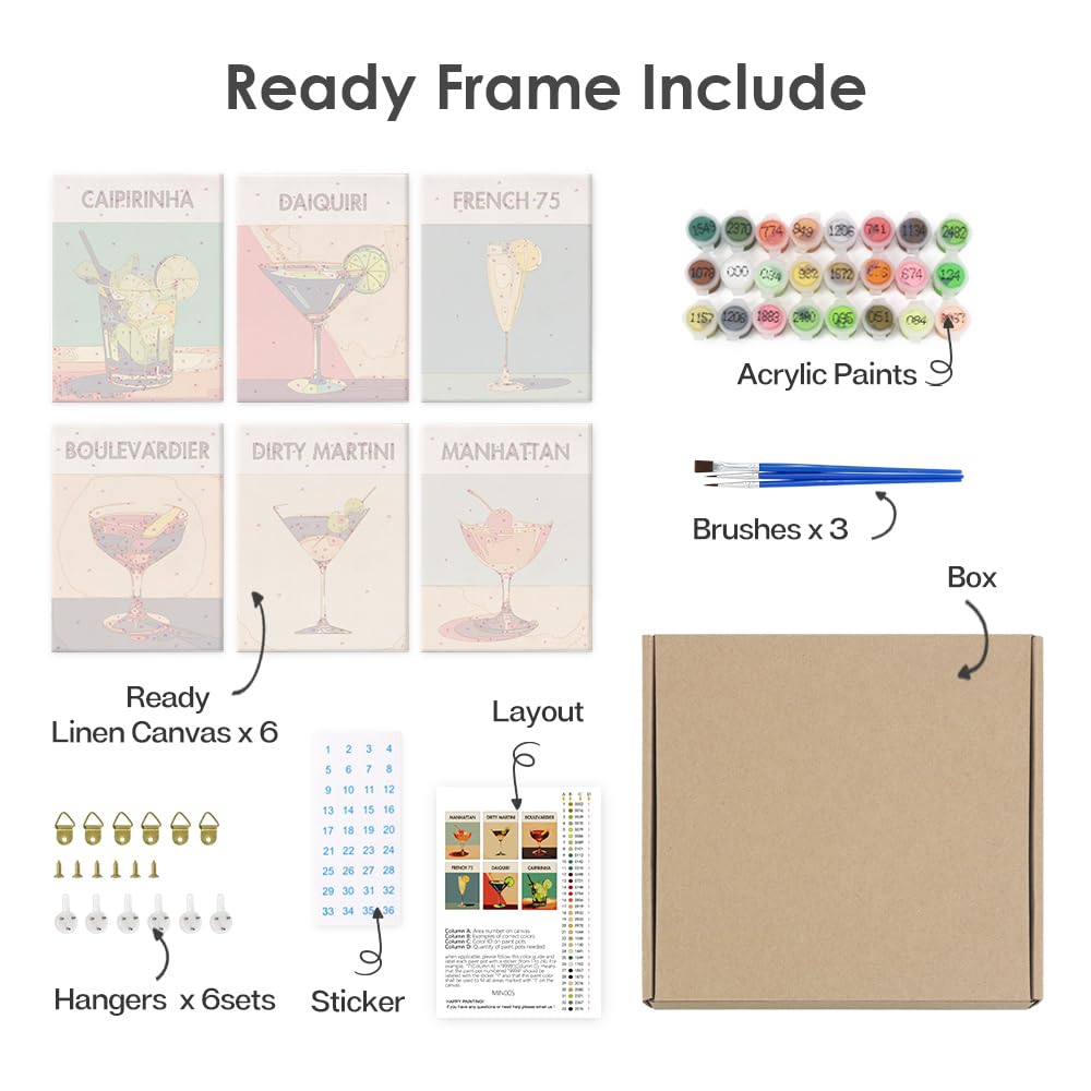 Summer Drinks - Kit multiplo con numeri, pronto da dipingere, per adulti, facile da livellare, design retrò moderno, cocktail colorati, 6 tele di lino, 36 colori