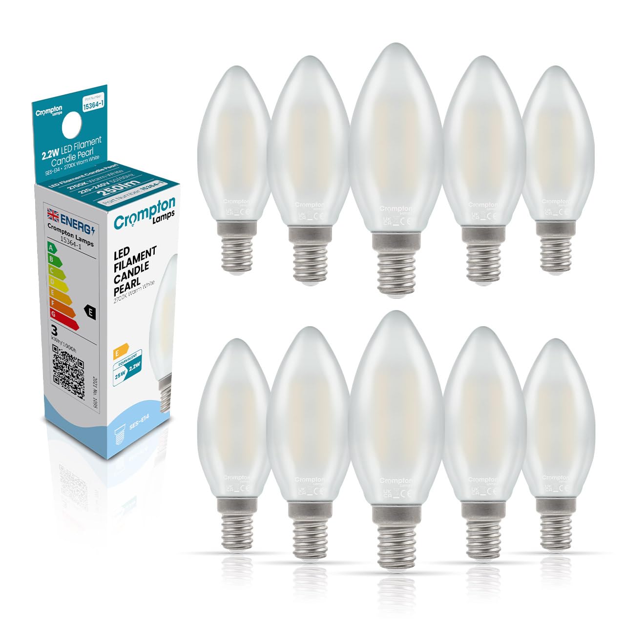 Crompton Lamps Filament Candle LED Light Bulb SES-E14 | 2.2W = 25W Equivalent | Warm White 2700K | Energy Efficient | Small Screw Lightbulb | Long Life 15000-Hrs | Pearl Glass | Dimmable | 10-Pack