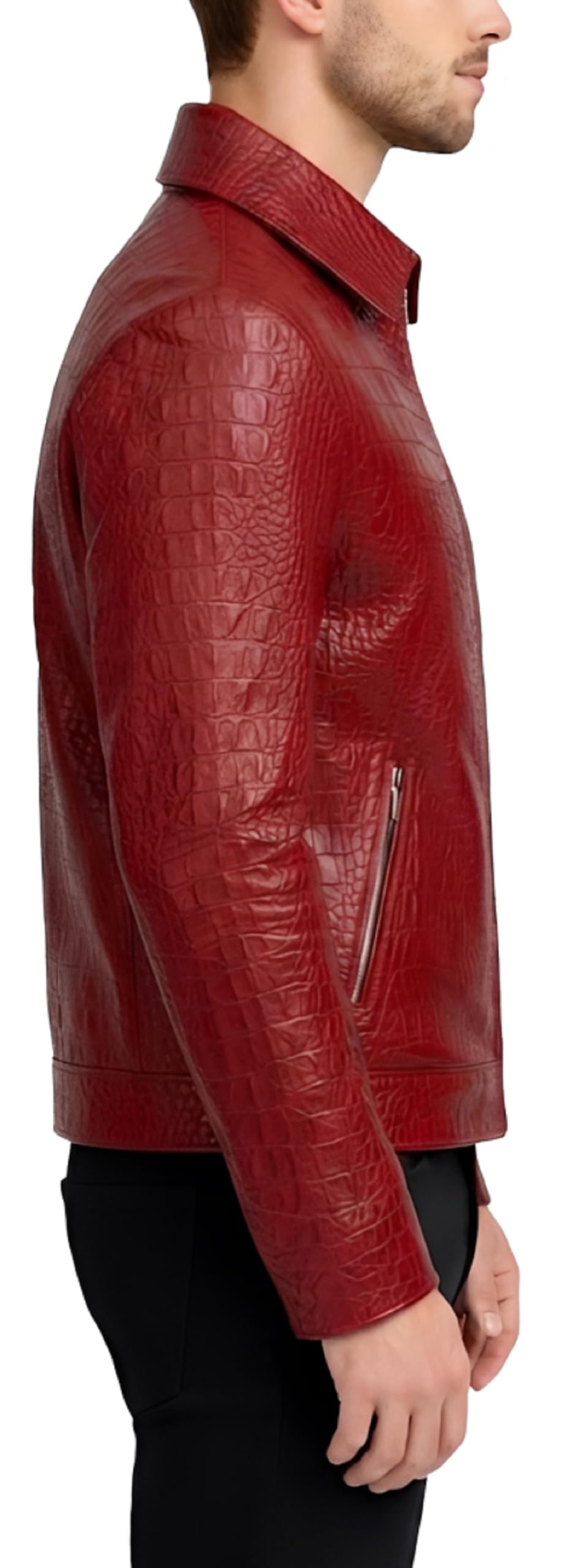 Chaqueta de piel con estampado de cocodrilo rojo para hombre, chaqueta de motociclista de lujo con estampado de cocodrilo