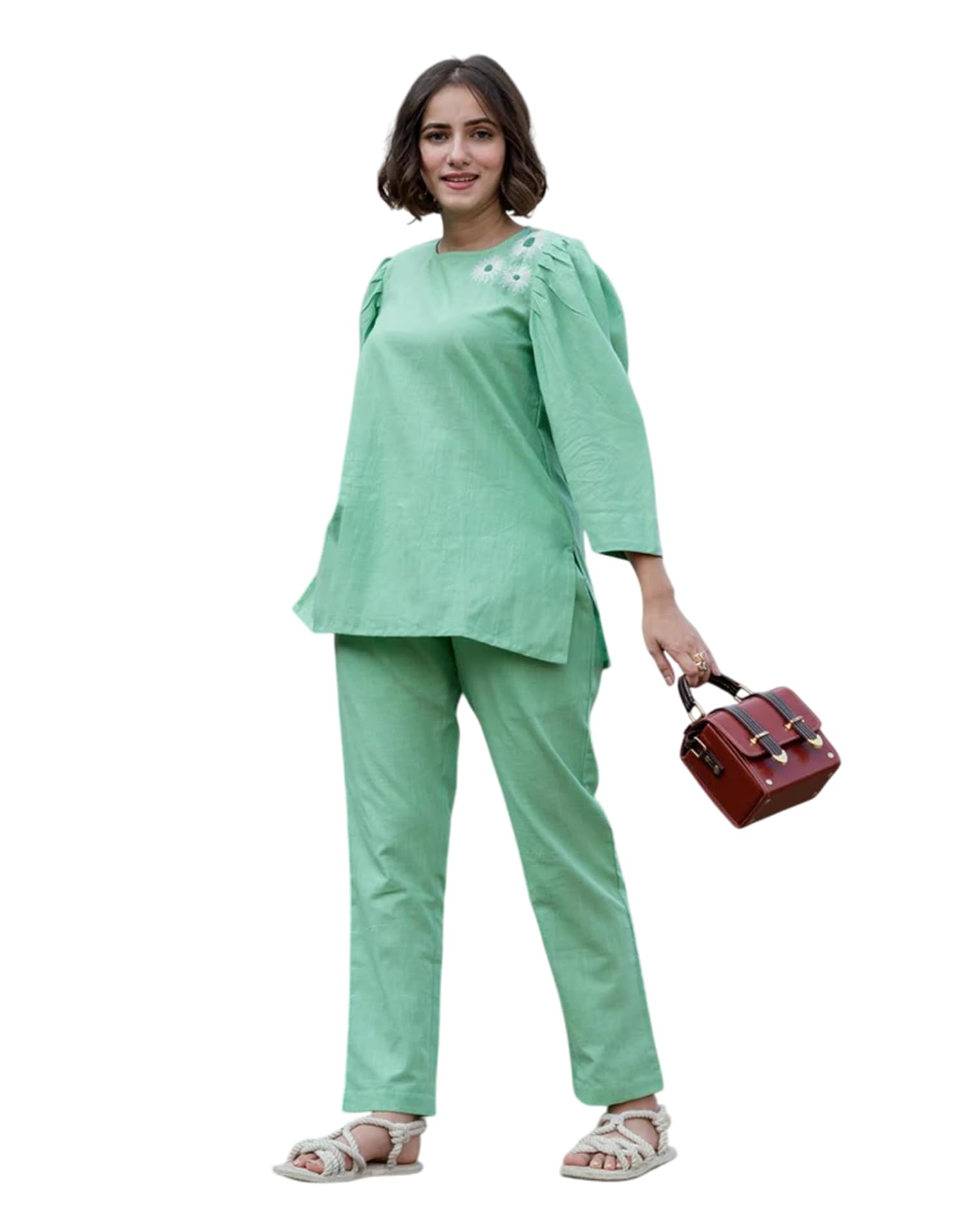 Fabnex Stylish Printed Cotton Blend Co Ord Set For Women || Casual & Festive Indo-Western Outfit (K-125-Pista-M)