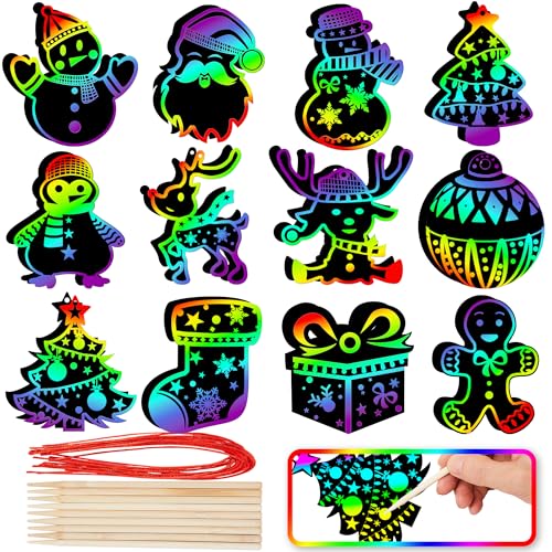 JOYIN 72 Pcs Christmas Scratch Art Ornaments, Rainbow Color Scratch