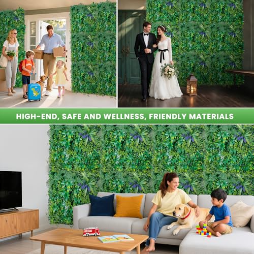 Artificial Boxwood Panel 20"x20" 6 Pieces, Green Grass Wall Backdrop for Fence Patio Backrop Balcony, Faux Ivy Privacy Fence Screen, 5 PCS Vines, 60 PCS Violet Flower, 2 PCS Light Strip