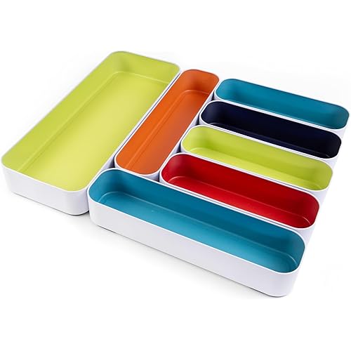 Three by Three Seattle Metal Stacking Drawer Organizers – 7-Piece Utensil Set, 2″ Deep (Classic Multi) – Customizable & Food-Safe Kitchen Drawer Storage