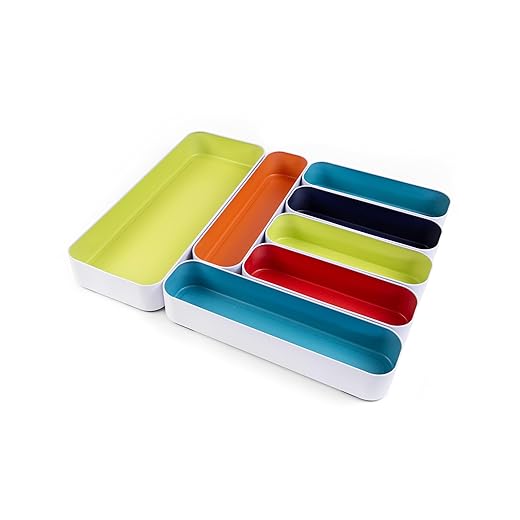 Three by Three Seattle Metal Stacking Drawer Organizers – 7-Piece Utensil Set, 2″ Deep (Classic Multi) – Customizable & Food-Safe Kitchen Drawer Storage