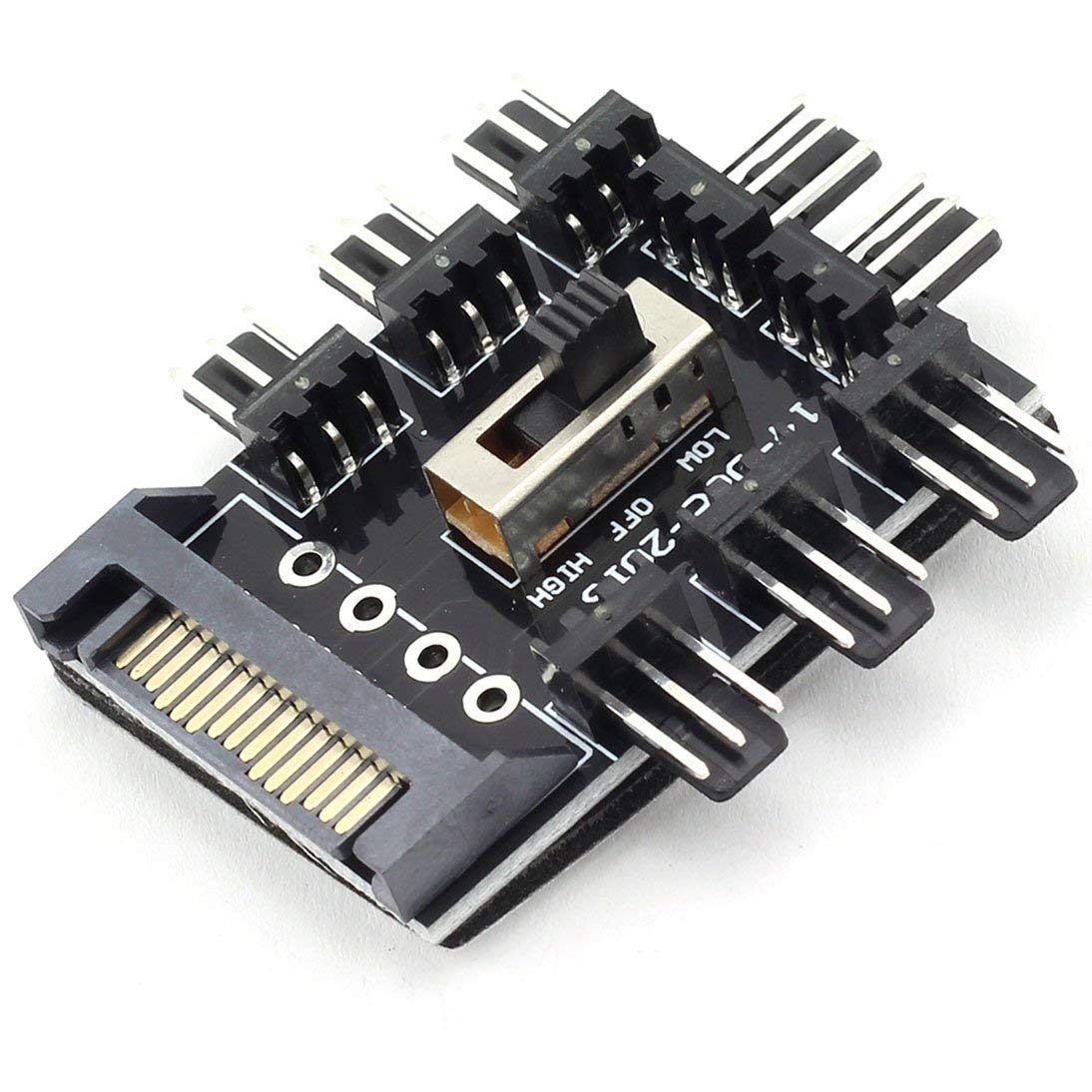 LTronics8 Fan Controller Hub Adapter with 2 Level Speed Control, 3 Pin, 12V SATA Power - Black