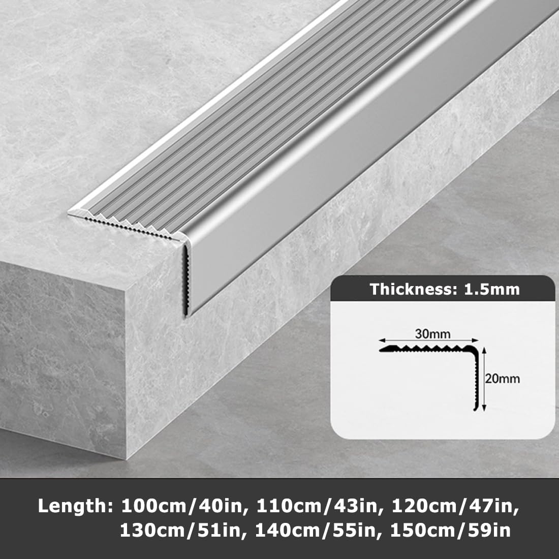 Tira de Borde de Escalera Antideslizante para Interiores 110/120cm, Moldura de Borde de Escalón en Forma de L de Aluminio para Exteriores(Gold,150cm/59in)