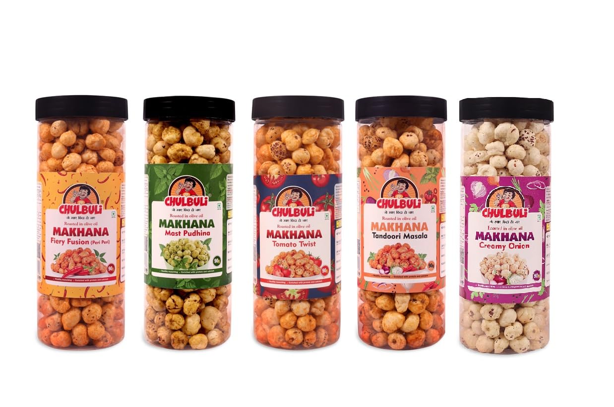 PP CHULBULI Flavoured Makhana, Combo Pack of Creamy Onion, Fiery Fusion (Peri-Peri), Tomato Twist, Tandoori Masala, and Mast Pudhina Crunchy Bites, Net 90g Each Pack of 5 (B0CQKB15GW) Amazon Price History, Amazon Price Tracker