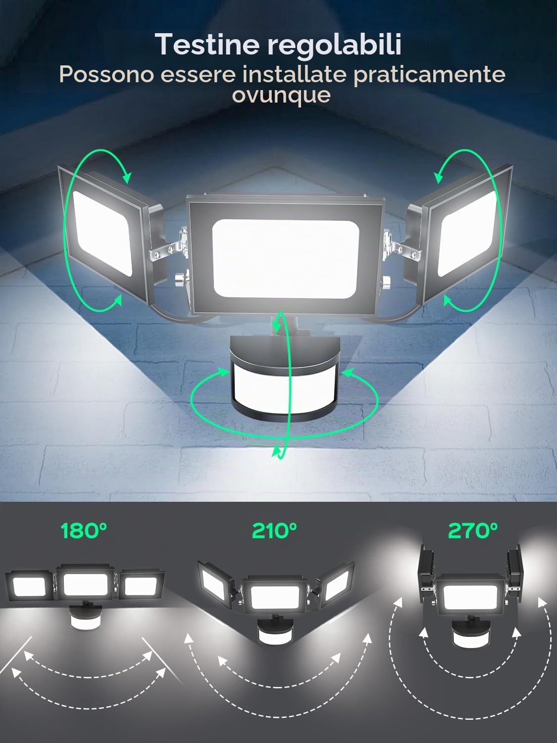 Faretto LED con sensore di movimento per esterni, faretto da esterno 100W 10000LM con 3 teste regolabili, farettos LED bianco freddo 6500K con telecomando, faretto impermeabile IP65