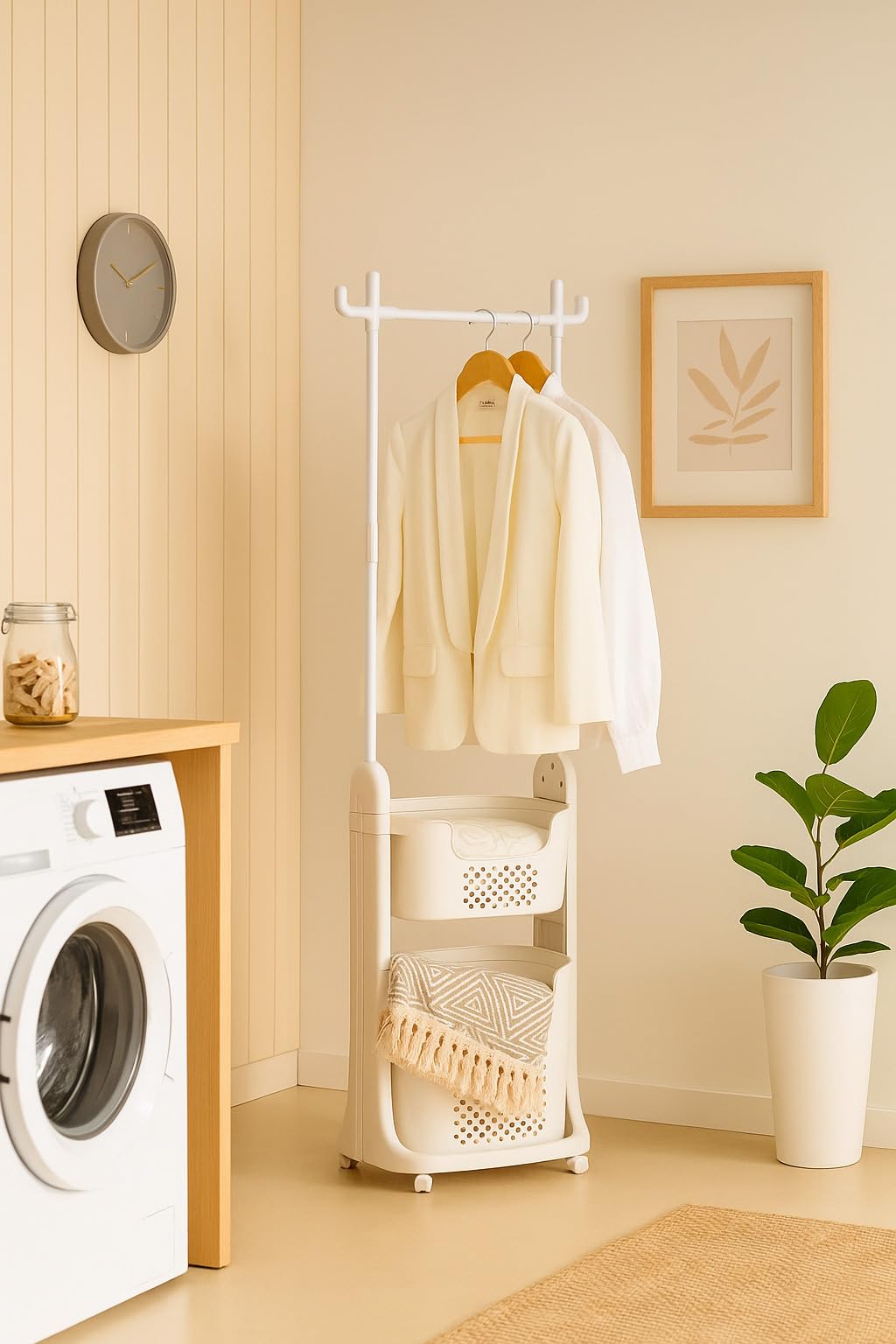 Buyqualia Perchero Blanco con Barra para Colgar y 2 Cestas – Ideal para Lavandería o Cuarto de Servicio – 177x42x35 cm