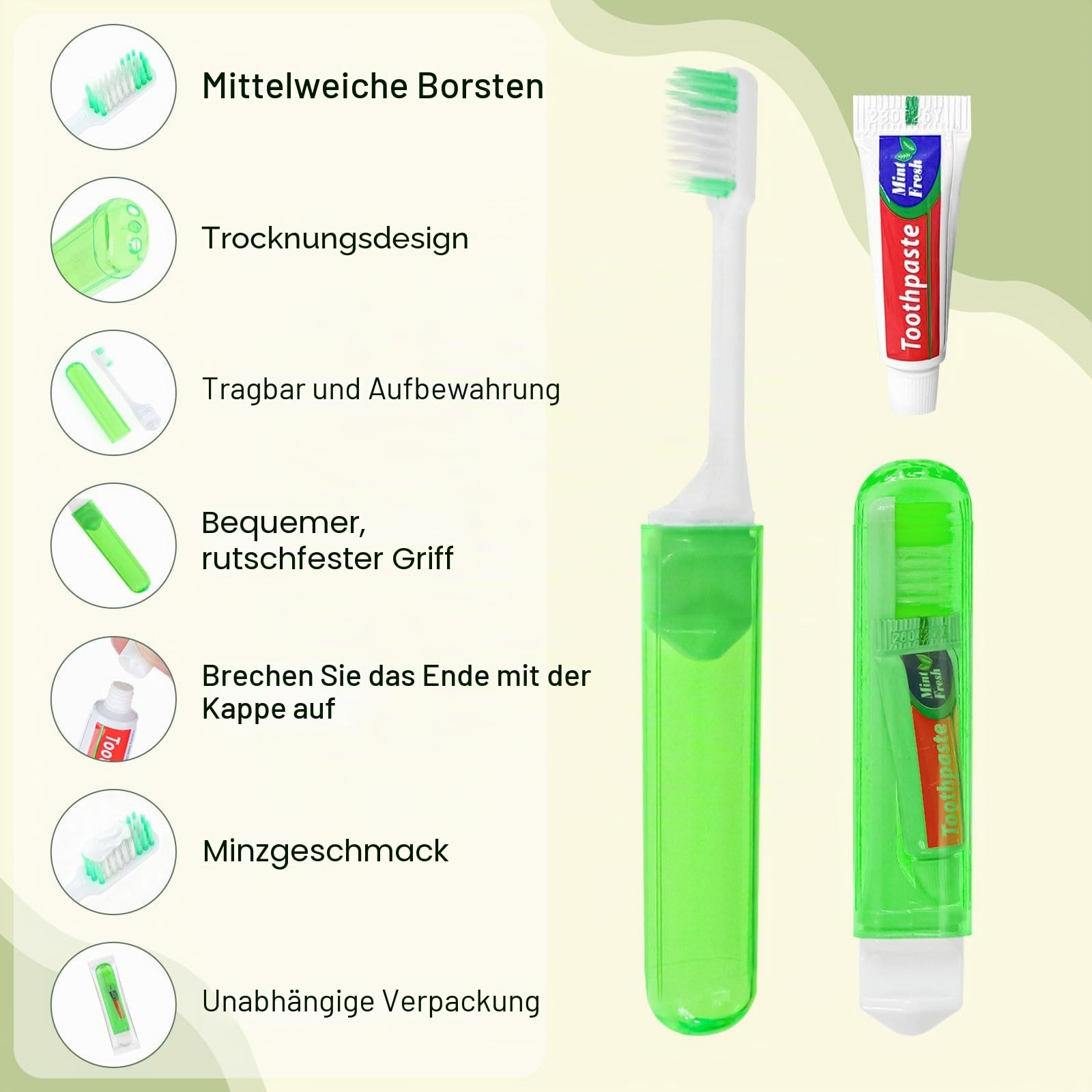 Reisezahnbürste, einzeln verpackt, 5 Farben, faltbare Aufbewahrung, Reisezahnbürsten-Set, geeignet für Camping, Hotels (100er-Pack)