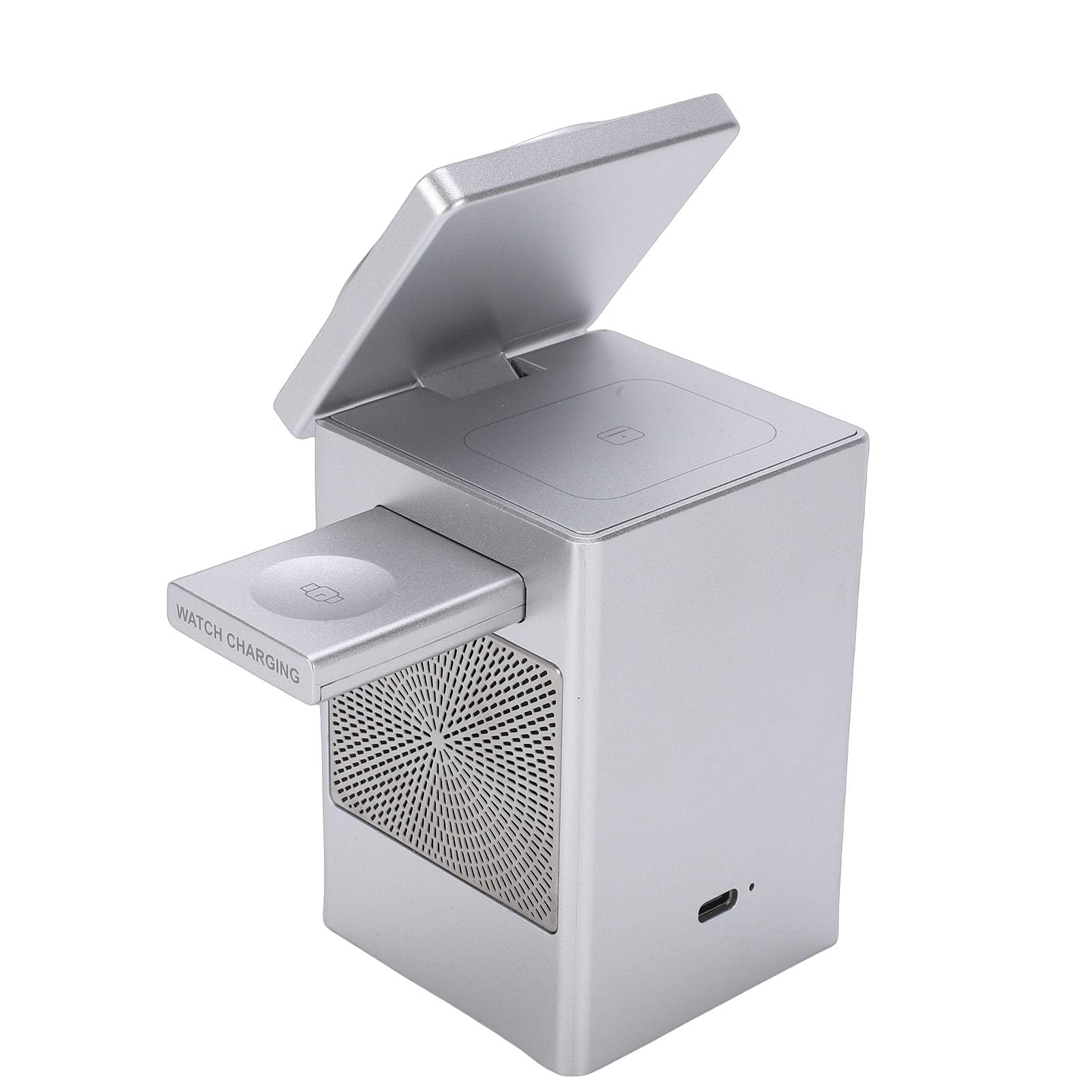 Stazione Ricarica Wireless 3 in 1, Altoparlante Bluetooth Integrato, Sveglia Digitale con Display Pixel, Caricabatterie per Viaggio, Ricarica Rapida con Ampia Compatibilità per