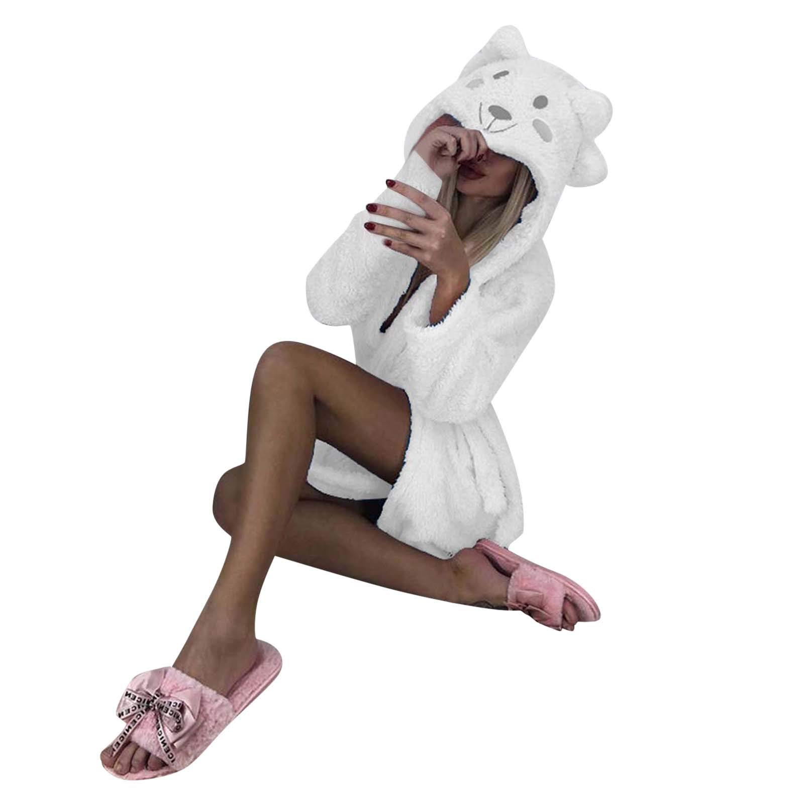 Womens Cute Sherpa Romper Fleece Onesie Pajama One Piece Zipper Short Hooded Jumpsuit Sleepwear Playsuit