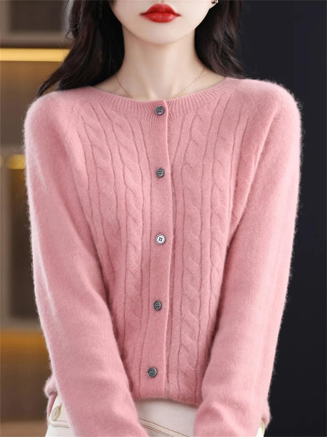 Maglione di lana merino del cachemire del O-Collo delle donne del cardigan lavorato a maglia maglieria ritorta