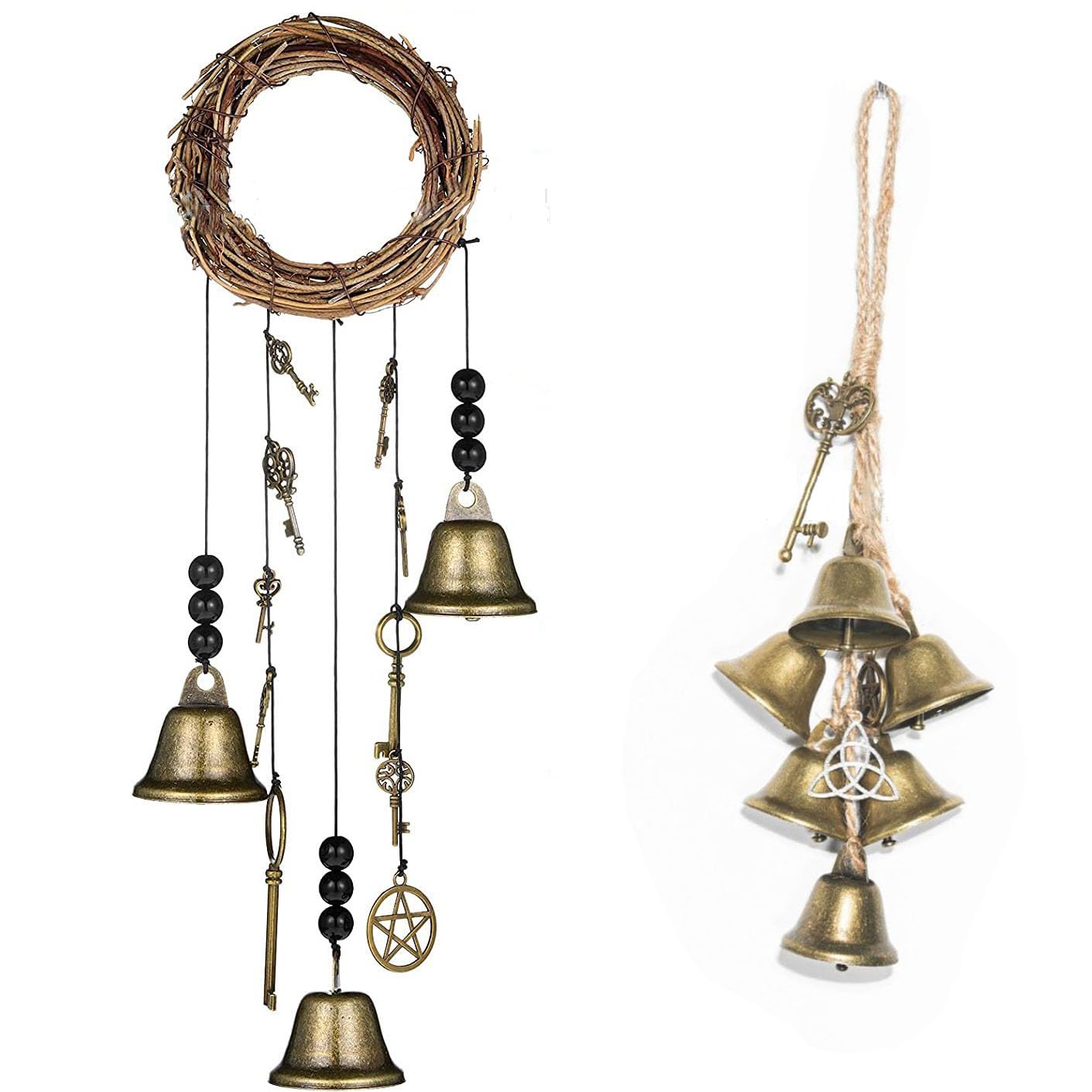 Hexenglocken-Türanhänger, 2-teiliges Set – 2 Hexen-Windspiele für Türaufhänger, perfekte Handarbeit, natürlicher Kranz, Kunststoffperlen, Messingglocke und exquisites kleines Zubehör
