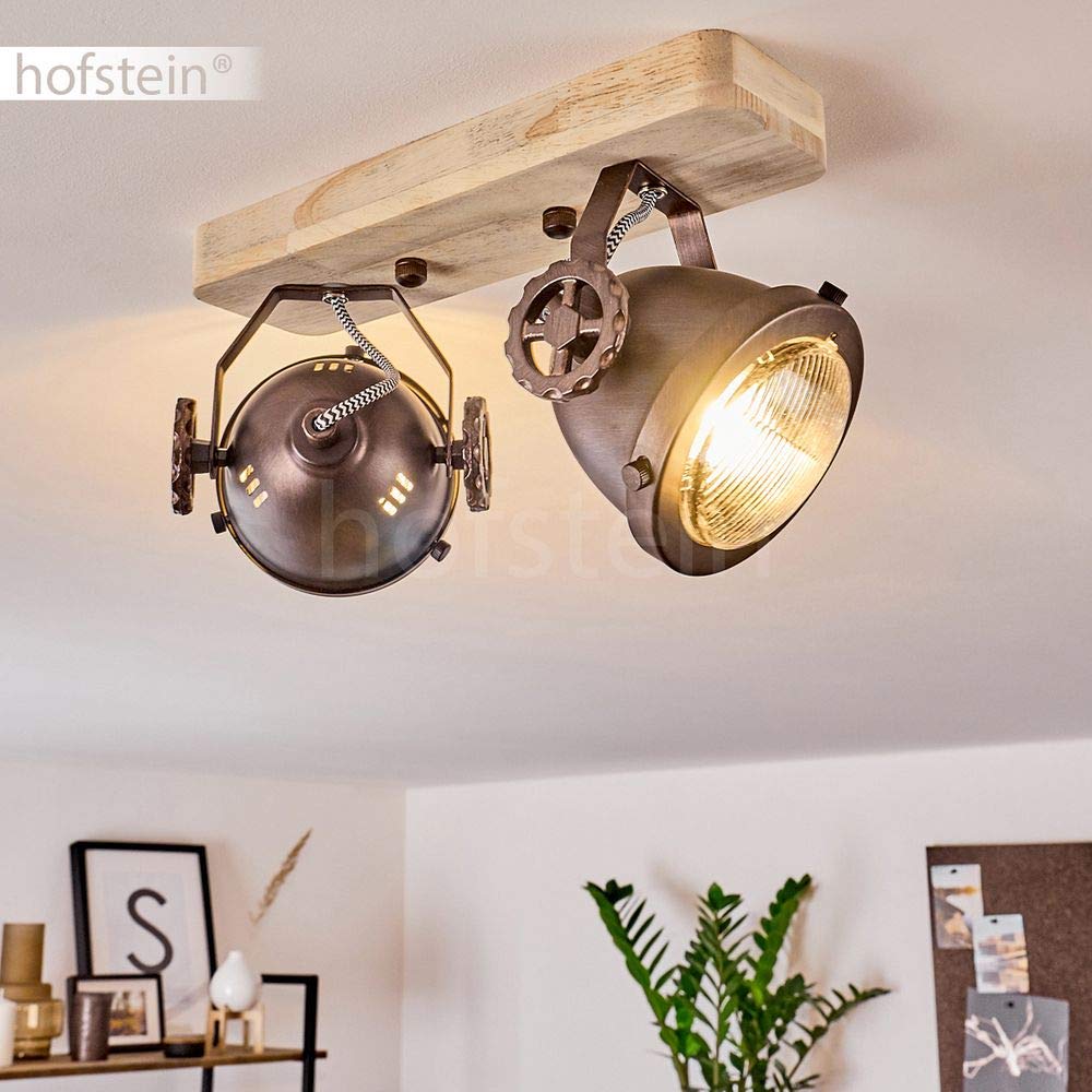 Lámpara de techo Herford, lámpara de techo regulable de metal/madera/cristal en marrón/cobre/naturaleza, 2 luces, 2 x casquillo GU10, foco orientable y abatible en diseño retro, sin bombilla(s)