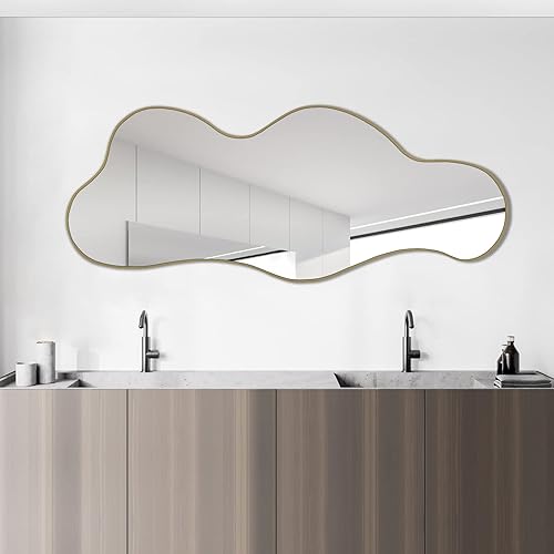 Irregular Shaped Mirror, Asymmetrical Mirror, Cloud Mirror, Morden Mirror for Wall Decor, Gold Framed Wavy Mirror for Bathroom Living Room Bedroom Entryway, 39.3"x16"