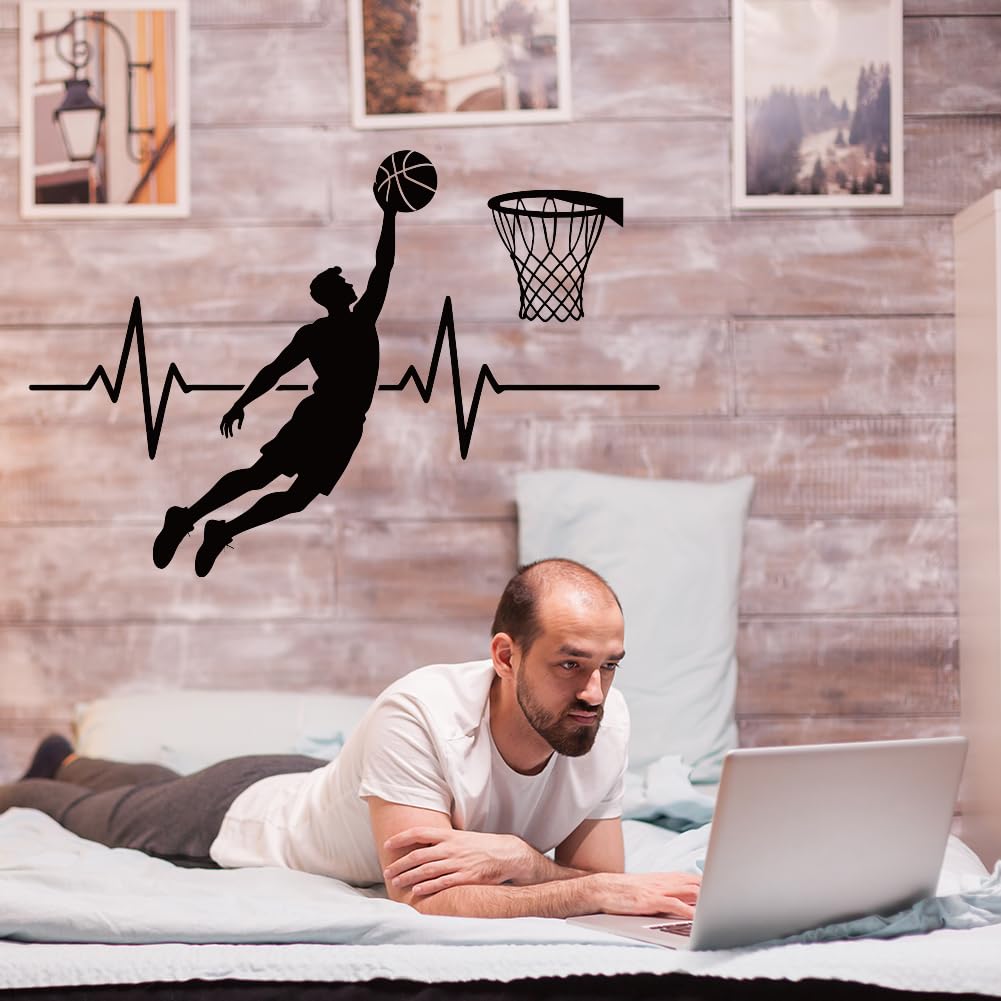 SUPERDANT 2Pcs Basketball Wall Stickers 11.8x35.4 Inch/28x90cm Black Dunk Wall Decals Sports Silhouette Heartbeat Peel and Stick Walls Decor for Living Room Bedroom Boys Room Black