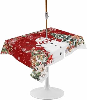 Winter Snowman Outdoor Tablecloth with Umbrella Hole Christmas Tree Leaves Elk Flower Red Waterproof Table Cloth with Zipper Spill Proof Outside Table Cover for Patio Picnic 60×84 Inch