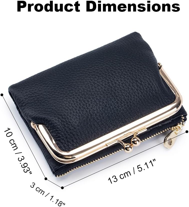 Genuine Leather Kiss Lock Wallet for Women Kiss Clasp Coin Purse Small Bifold Wallet with Card Slots and Zipper Pocket (Blue) - Image 6