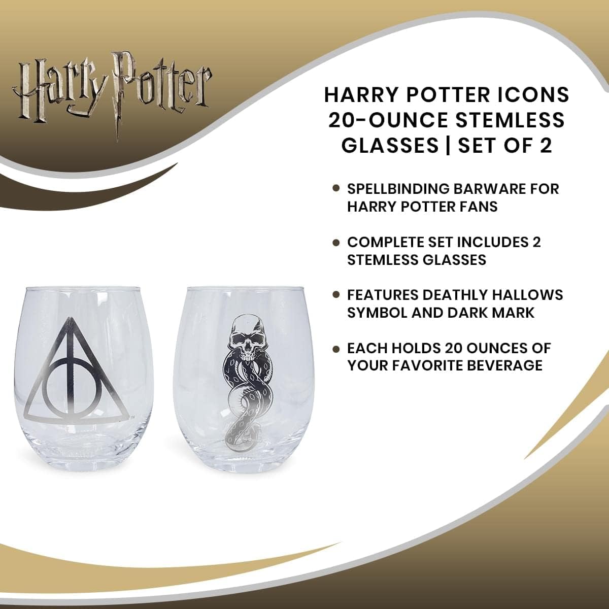 Harry Potter Icons 20-Ounce Stemless Wine Glasses, Set of 2 | Drinking Cup Cocktail Glasses For Home Barware Set, Kitchen Decor | Wizarding World Gifts and Collectibles - Image 7
