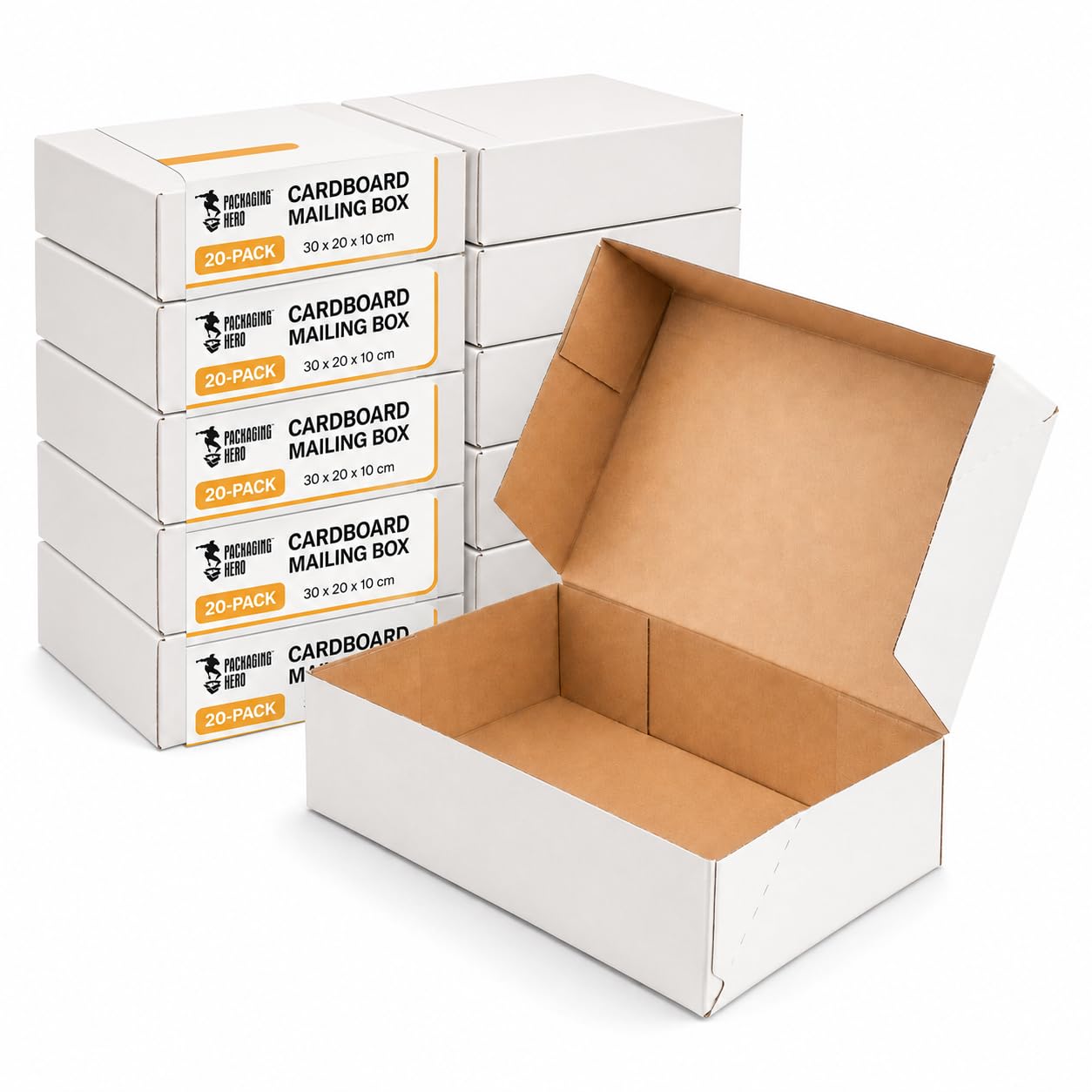 Packaging Hero 20 Pack White Cardboard Boxes 30x20x10 cm (12"x8"x4") – Corrugated Shipping & Mailing Boxes for Small Business, Royal Mail, Vinted – Postal Boxes for Posting, Gift & E-commerce