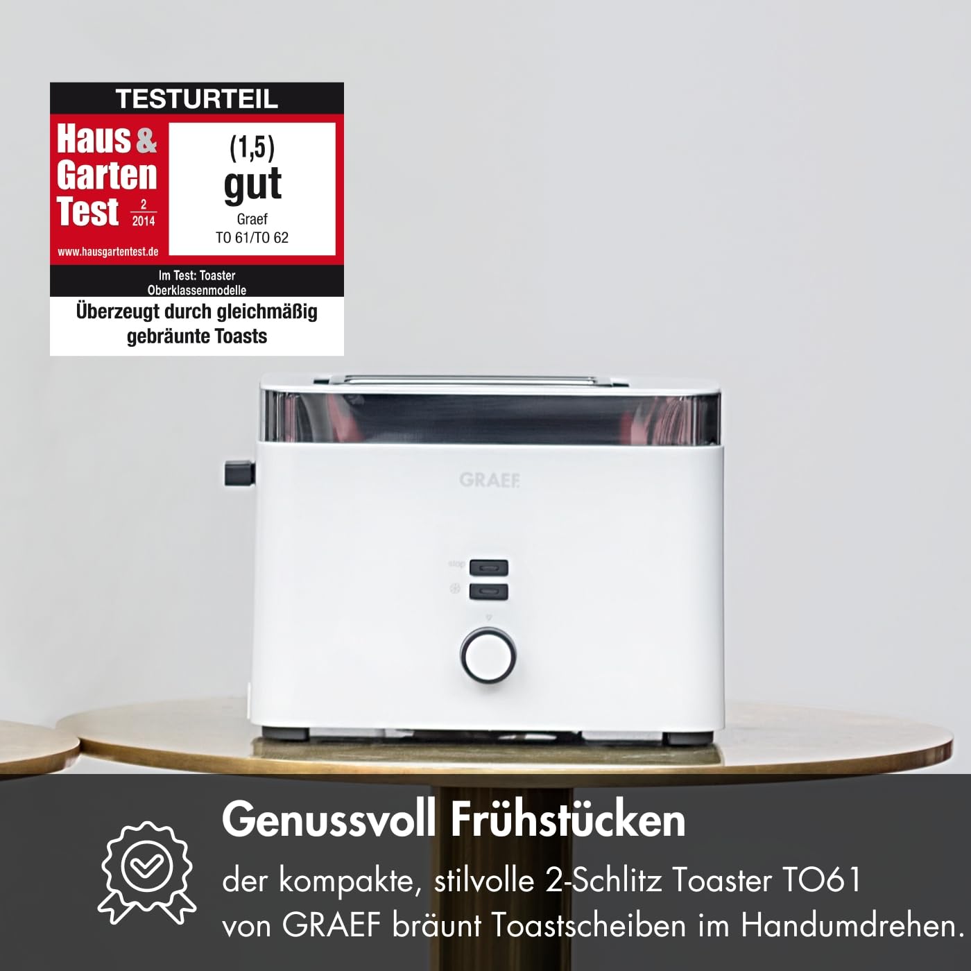GRAEF Toaster TO61 Weiß 2-Scheiben-Toaster mit Brotscheibenzentrierung, Brötchenaufsatz, 6 Bräunungsstufen und Krümelschublade, Stopp-Taste, Auftaufunktion, Nachhebevorrichtung, Sicherheitsabschaltung