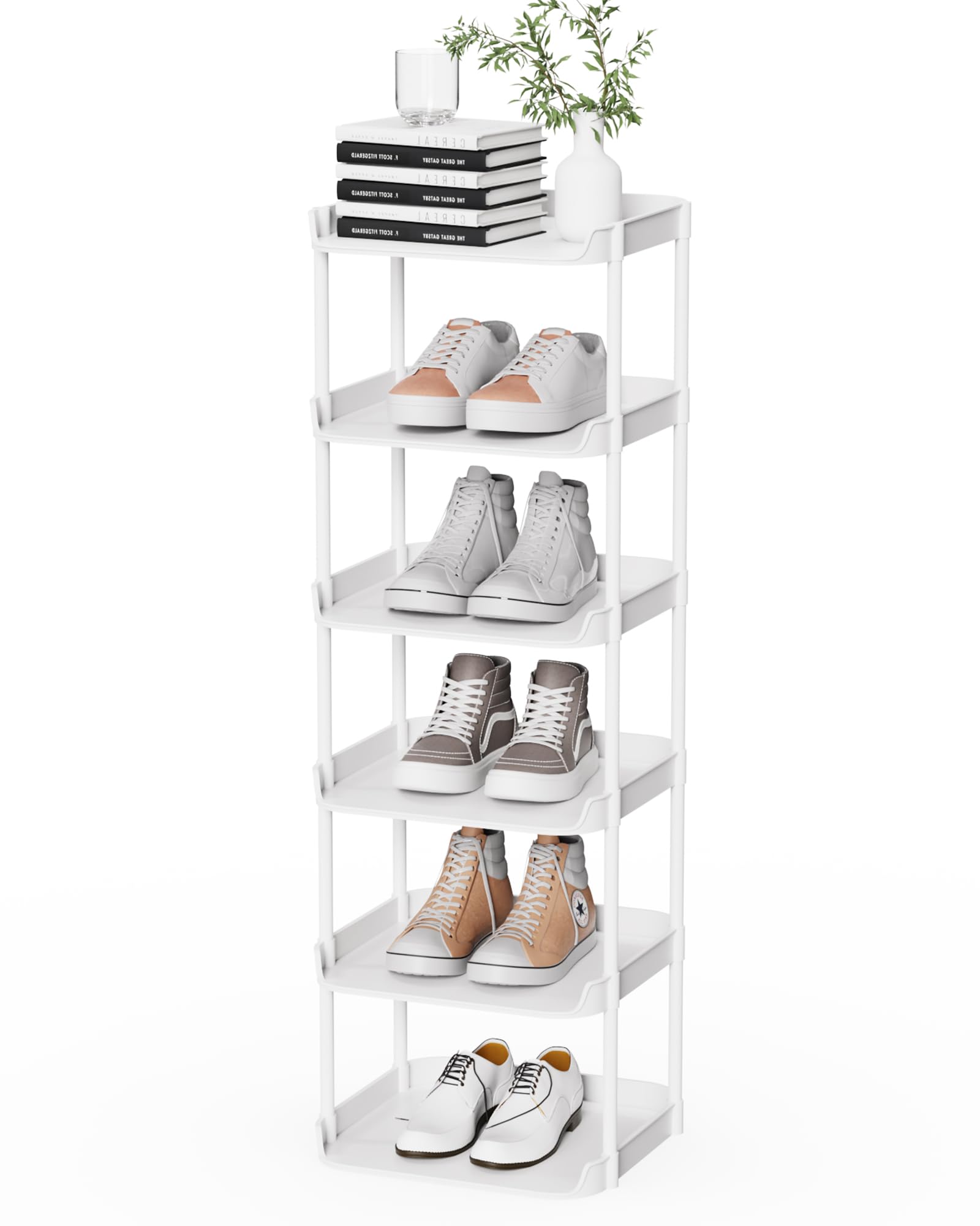 Altdnmaf 6 Ebenen Schmal Schuhregal, Mehrschichtiges Hoch Schuhregale Platzsparend, Stapelbar Klein Standregal, Vertikales Plastik Regal, Shoe Rack für Treppe, Flur, Küche, Schlafzimmer, Weiß