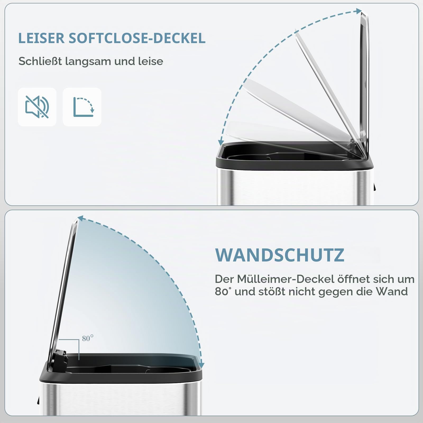 Clevich Mülleimer 30L mit Stahlkorpus und Soft-Close-Funktion, Deckel mit Edelstahloberfläche, abnehmbarem Inneneimer und Fußpedal, Treteimer für Küche, Wohnzimmer und Büro - Silber