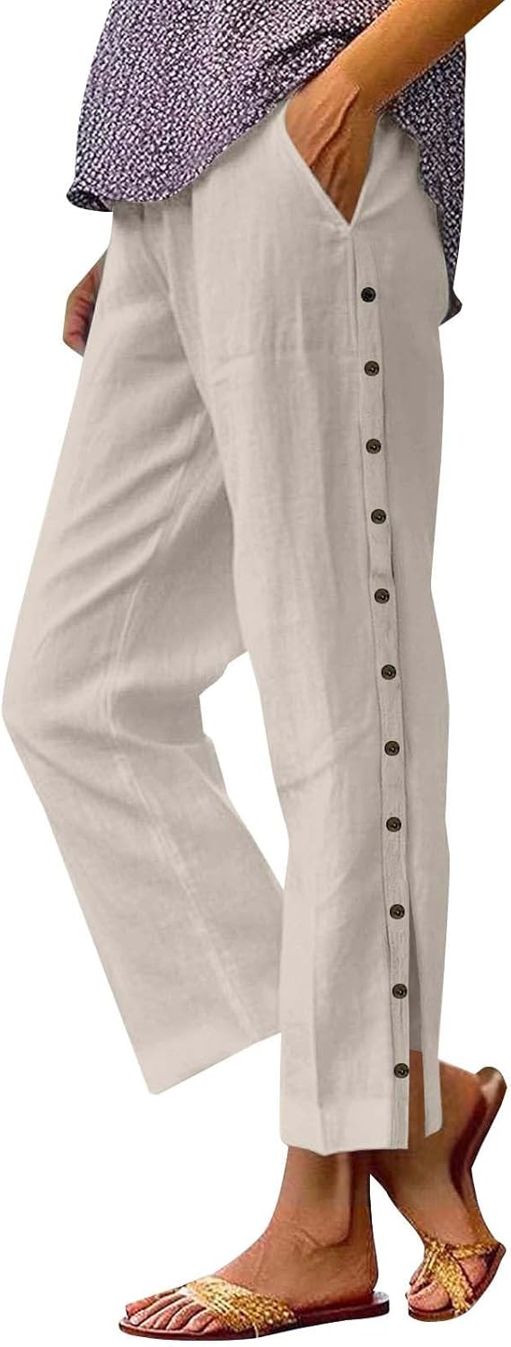 Linen Pants for Women 2025 Spring Summer Lightweight Long Pants Vacation Beach Trousers Side-Buttoned Closure Joggers - Image 4