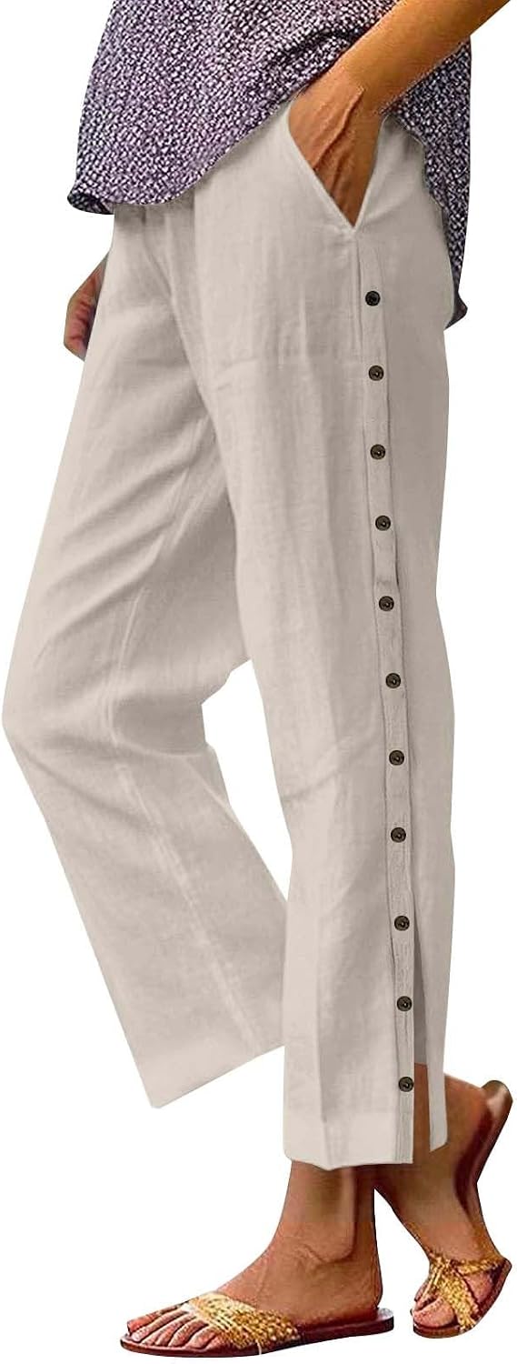 Capri Pants for Women Casual Summer Linen Beach Lounge Pants Straight Wied Leg Vacation Trousers with Pockets
